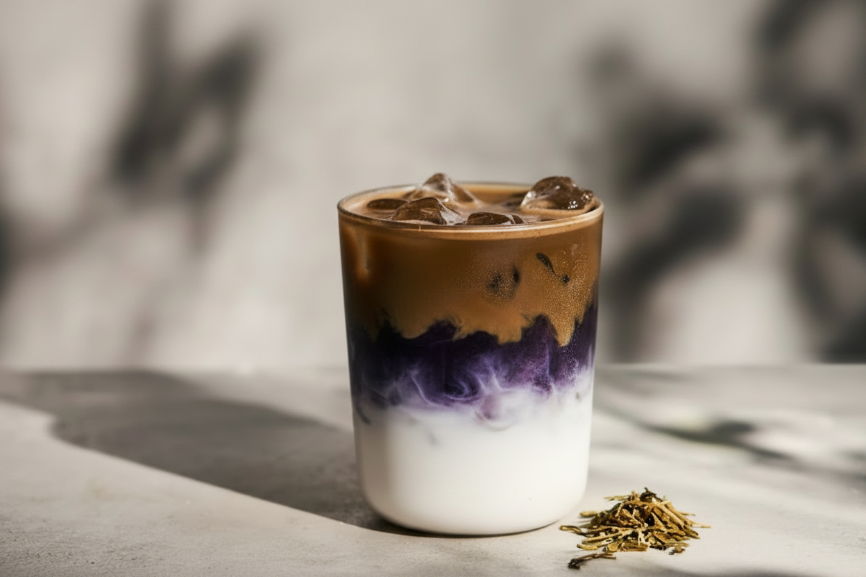 blueberry hojicha latte